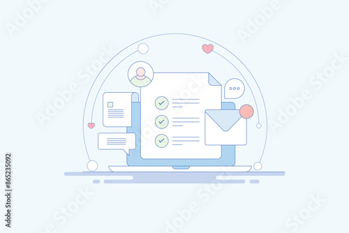 Business checklist on laptop screen, task management and user communication project planning digital application, vector illustration.