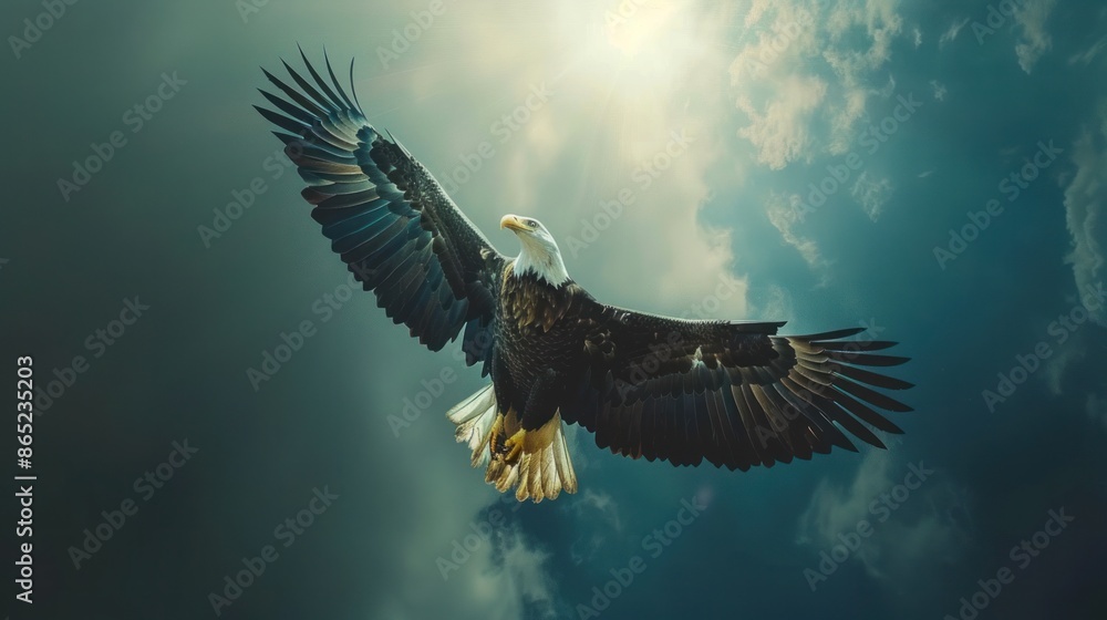 Obraz premium An American flag is soaring through an eagle's wings in this gritty patriotic concept. Memorial Day, Veterans Day, Presidents' Day, and Flag Day celebrations and marketing materials.