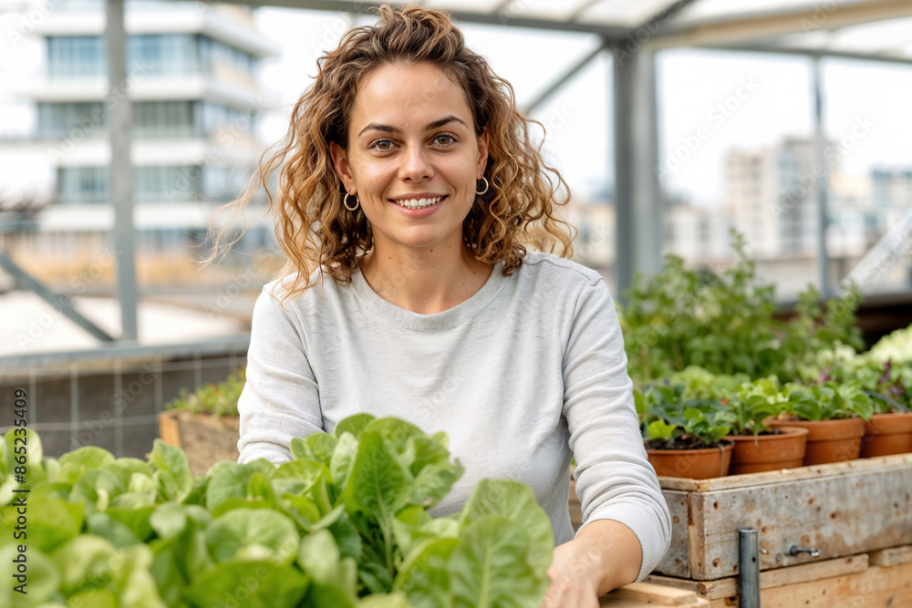 A woman smiles while tending to a flourishing patch of lettuce in an urban garden. A woman smiles while tending to a flourishing patch of lettuce in an urban garden.