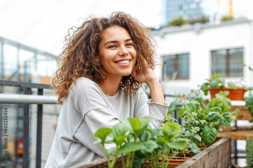 A woman with curly hair smiles while leaning on a railing in an urban garden setting. A woman with curly hair smiles while leaning on a railing in an urban garden setting.