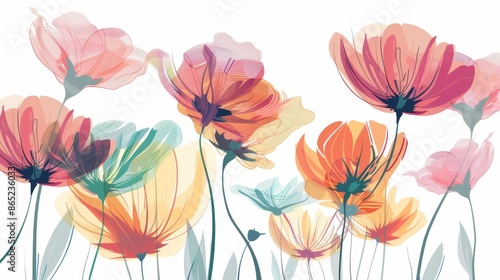 Vibrant vector field of flowers with ethereal shapes in bold colors for striking visuals, flat design on white background.