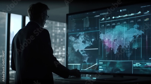 Business professional analyzing data on a large digital screen