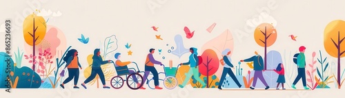 A group of diverse people walking in a park, pushing wheelchairs and pushing a stroller.