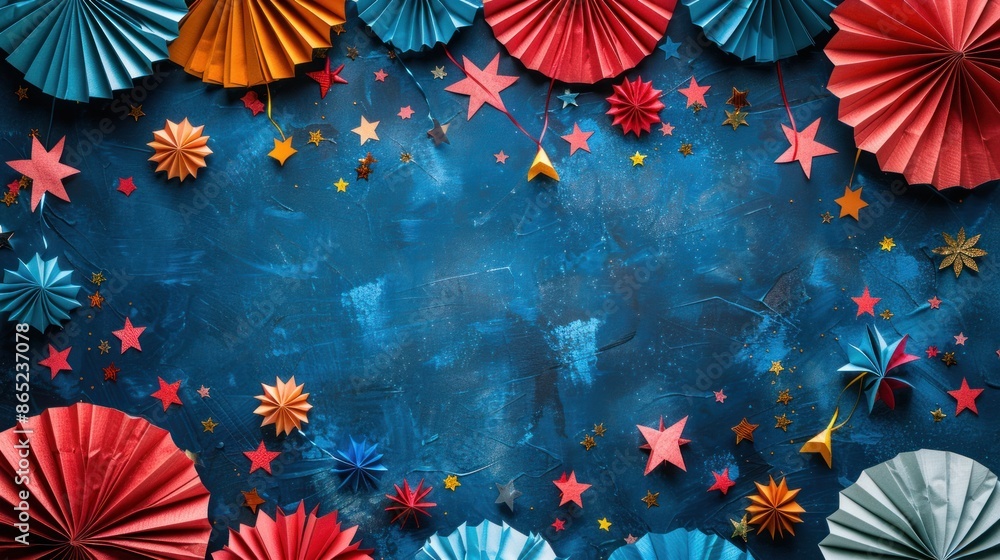 A mockup of a Fourth of July banner with paper fans and fireworks on a dark blue background. USA Independence Day, American Labor day, Presidents Day concept A mockup of a Fourth of July banner with paper fans and fireworks on a dark blue background. USA Independence Day, American Labor day, Presidents Day concept