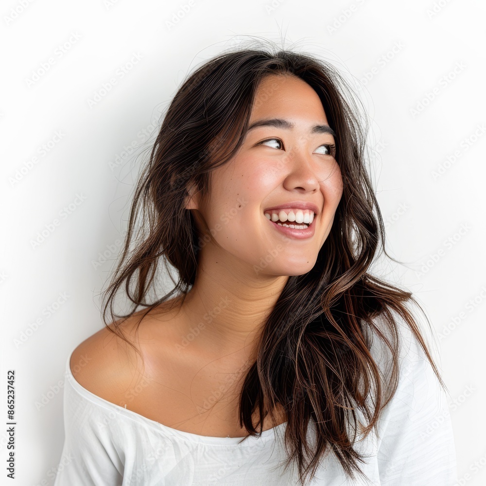 An Asian woman with a carefree shrug, her smile infectious, captured on a white background. An Asian woman with a carefree shrug, her smile infectious, captured on a white background.