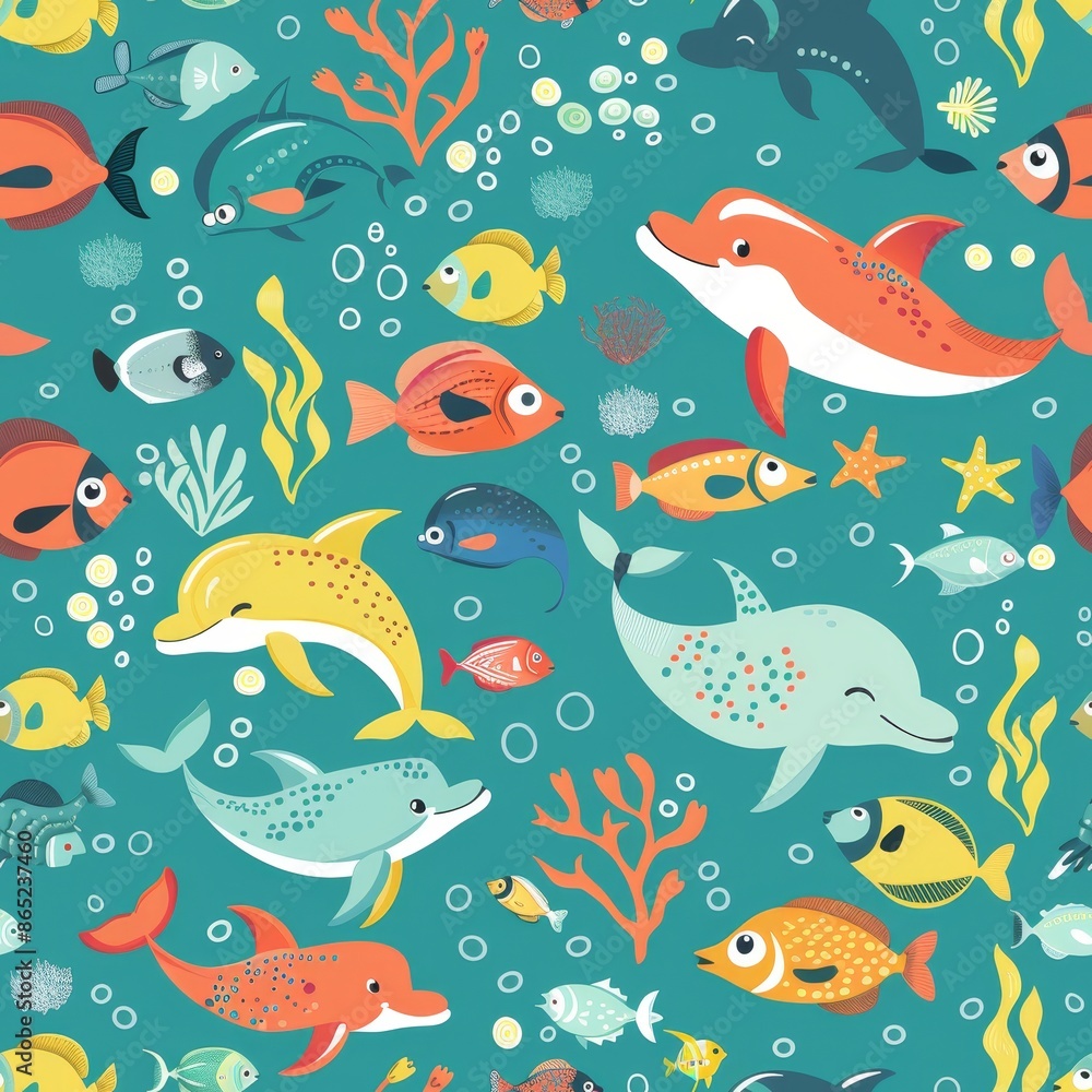 Vector pattern featuring playful ocean life with dolphins, fish, coral, and bubbles on turquoise background. Vector pattern featuring playful ocean life with dolphins, fish, coral, and bubbles on turquoise background.
