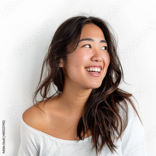 An Asian woman with a carefree shrug, her smile infectious, captured on a white background. 