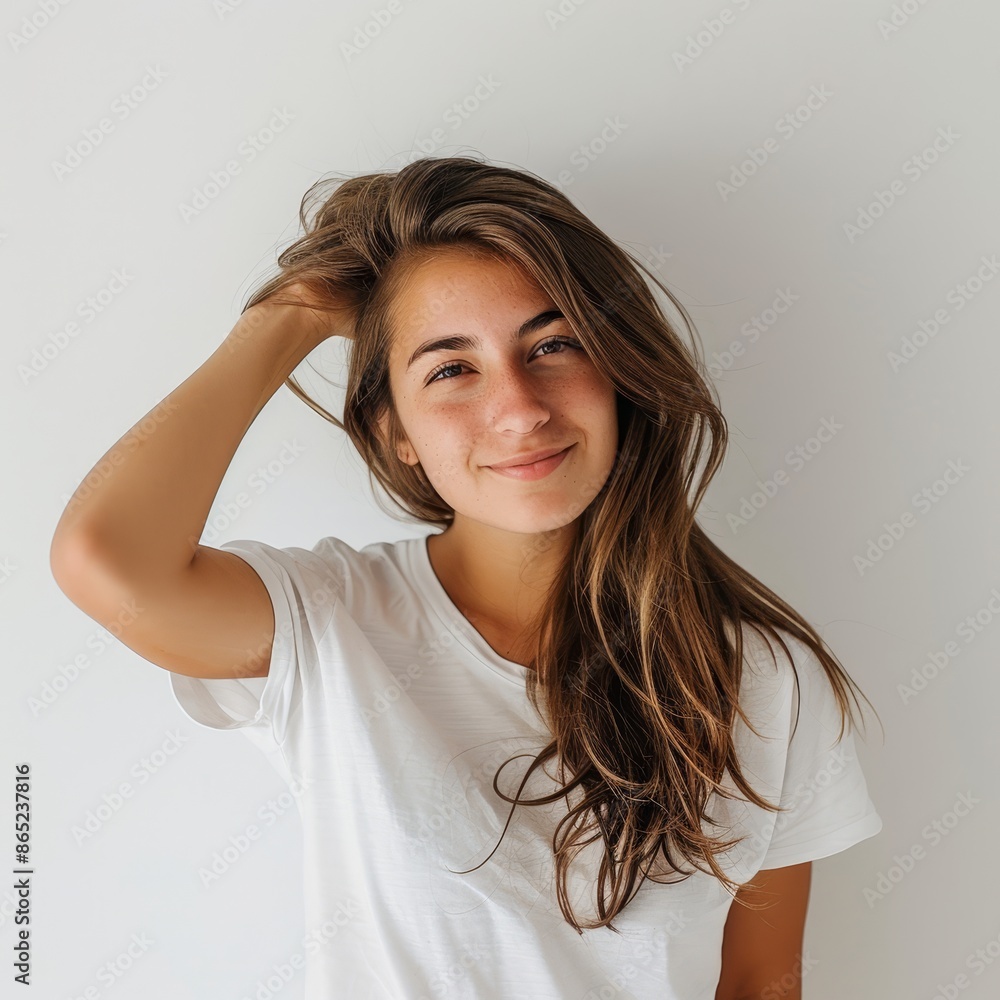 A woman standing with a slight lean, one hand brushing her hair back, a relaxed smile on a white background. A woman standing with a slight lean, one hand brushing her hair back, a relaxed smile on a white background.