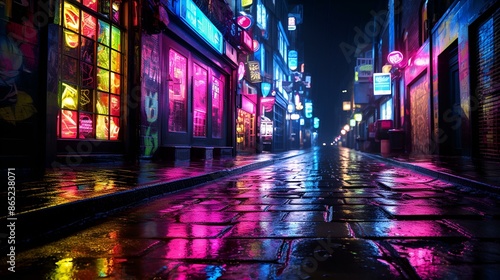 A rainy city street at night with colorful neon signs glowing in the background. © Asif