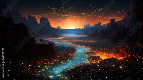 A digital painting of a fiery river flowing through rocky terrain.