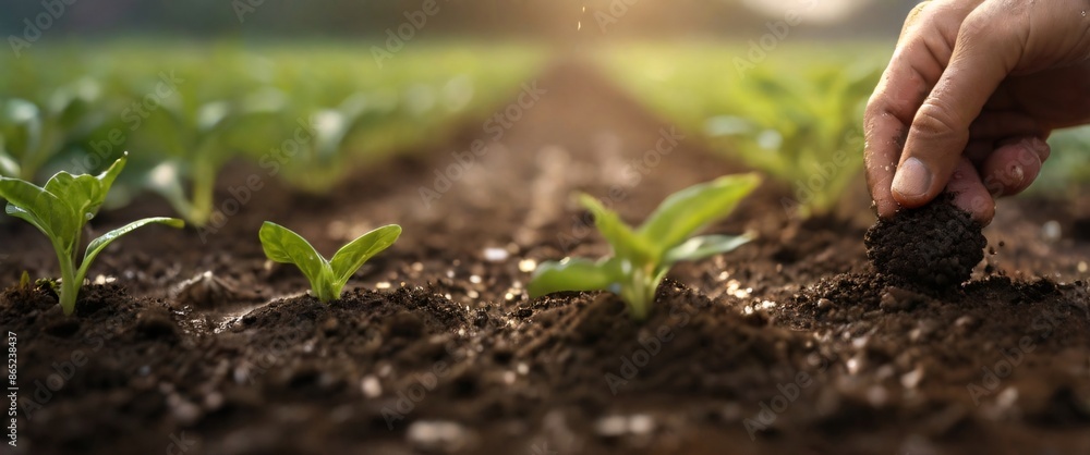 Expert hand of farmer checking soil health before growth a seed of vegetable or plant seedling, Business or ecology concept, analyze complex data sets in real-time, with a digital interface overlaid o Expert hand of farmer checking soil health before growth a seed of vegetable or plant seedling, Business or ecology concept, analyze complex data sets in real-time, with a digital interface overlaid o