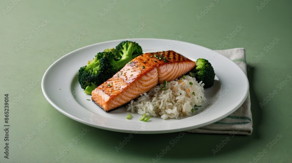 Rice, grilled salmon and broccoli, concept of healthy lifestyle, healthy eating. Rice, grilled salmon and broccoli, concept of healthy lifestyle, healthy eating.