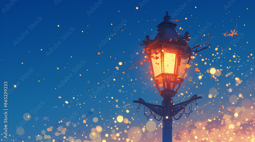 view of street lights filled with fireflies at night, anime background view of street lights filled with fireflies at night, anime background