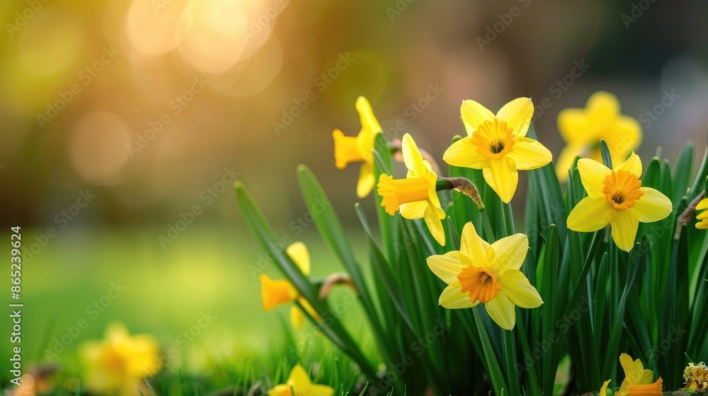 Fototapeta premium Spring garden with blooming yellow daffodils in a close up natural wallpaper setting