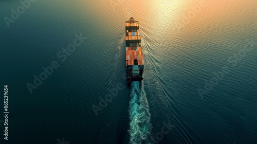 A detailed capture of a contemporary cargo vessel sailing away from port, carrying a diverse array of containers, symbolizing the efficiency and interconnectedness of global supply chains © Jians