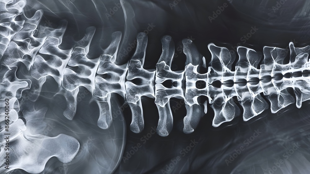 Fototapeta premium X-Ray of a Spine: Lateral X-ray view of a human spine, highlighting vertebrae and spinal alignment. 