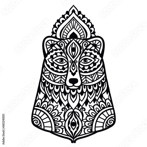 Bear mandala ornament. Vector illustration. Flower Ethnic drawing. Bear animal nature in Zen boho style. Coloring page black and white