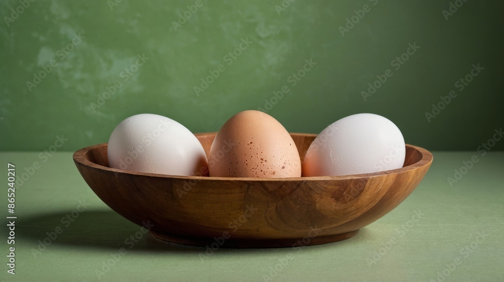 Several chicken eggs in a wooden bowl, healthy eating concept. Several chicken eggs in a wooden bowl, healthy eating concept.