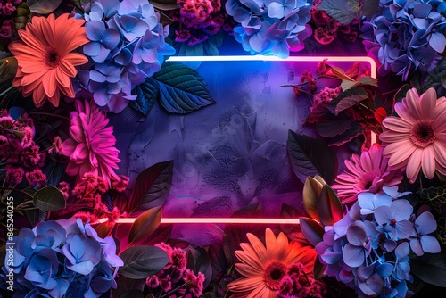 Vivid flowers with neon lights create a vibrant and colorful frame, perfect for creative designs and modern digital projects.