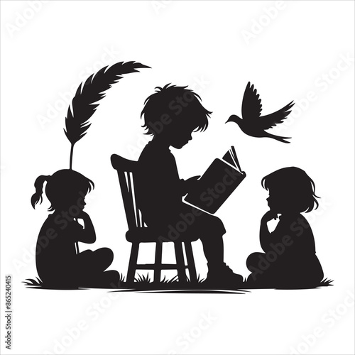 The child is reading a book Silhouette Vector. Kids reading a book silhouette, the child is reading a book. Little Boy and Girl Study Read Book Silhouette Illustration