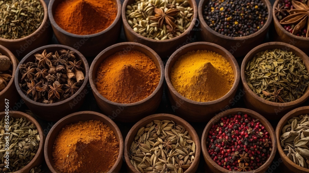 Spices and seasonings in wooden jars, brown background, cooking concept. Spices and seasonings in wooden jars, brown background, cooking concept.