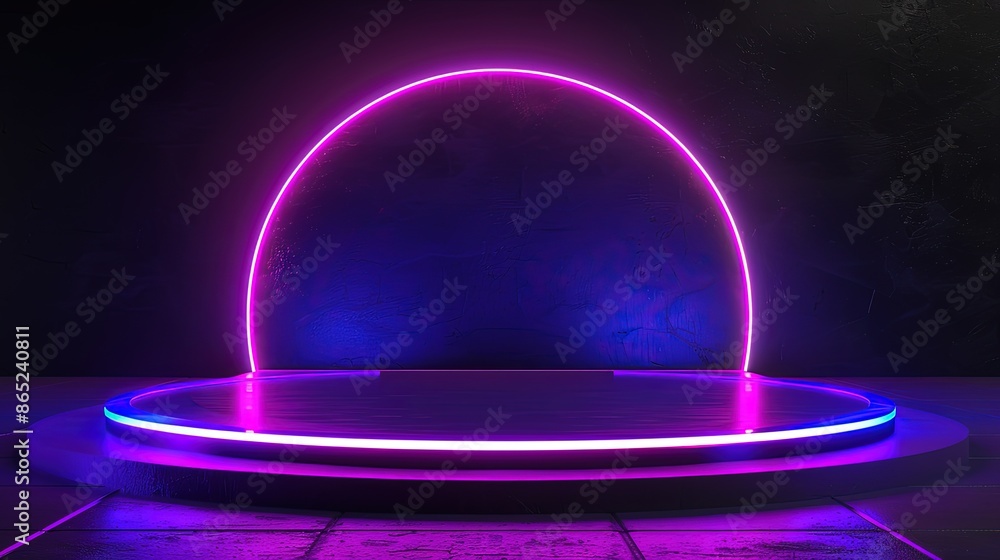 modern 3D podium scene featuring an abstract, circular stage illuminated by vibrant neon blue purple lights, Generative Ai modern 3D podium scene featuring an abstract, circular stage illuminated by vibrant neon blue purple lights, Generative Ai