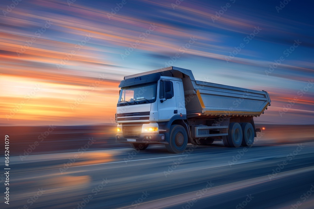 White dump truck driving on rural road at dusk White dump truck driving on rural road at dusk