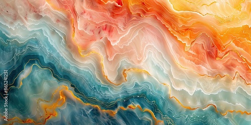 Abstract geological pattern inspired by agate with vibrant layers of teal, orange, and gold, creating a visually captivating and intricate design reminiscent of natural mineral formations.