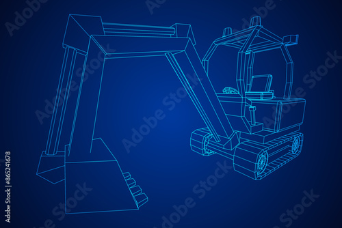 Heavy equipment excavator machine manufacturing power equipment for open pit mining. Wireframe low poly mesh vector illustration