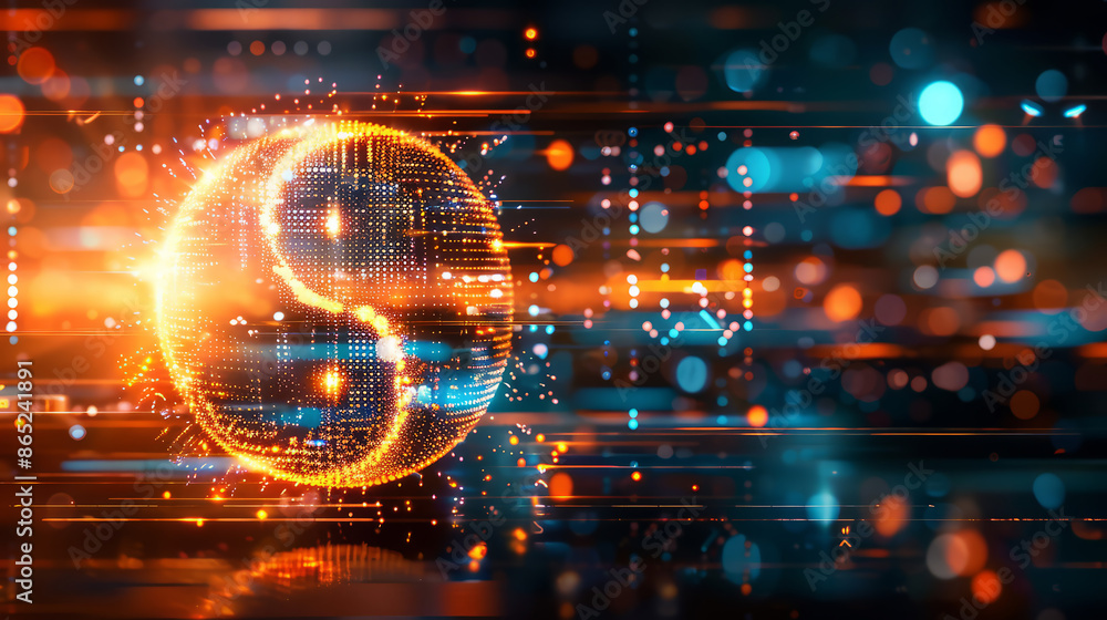 Fototapeta premium Abstract digital representation of a glowing Yin-Yang symbol composed of dots and light streaks on vibrant background.