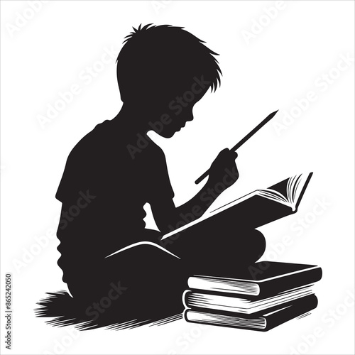 The child is reading a book Silhouette Vector. Kids reading a book silhouette, the child is reading a book. Little Boy and Girl Study Read Book Silhouette Illustration