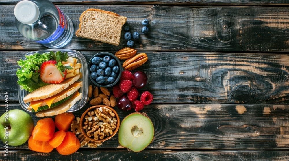 An elementary school lunchbox with sandwiches, fruits, vegetables, blueberries, nuts, and a bottle of water is displayed on a wooden table with a wooden chair An elementary school lunchbox with sandwiches, fruits, vegetables, blueberries, nuts, and a bottle of water is displayed on a wooden table with a wooden chair