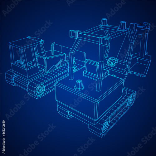 Heavy equipment excavator machine manufacturing power equipment for open pit mining. Wireframe low poly mesh vector illustration