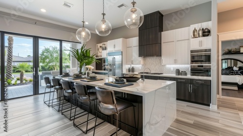 A contemporary kitchen with an island, bar stools, and pendant lights