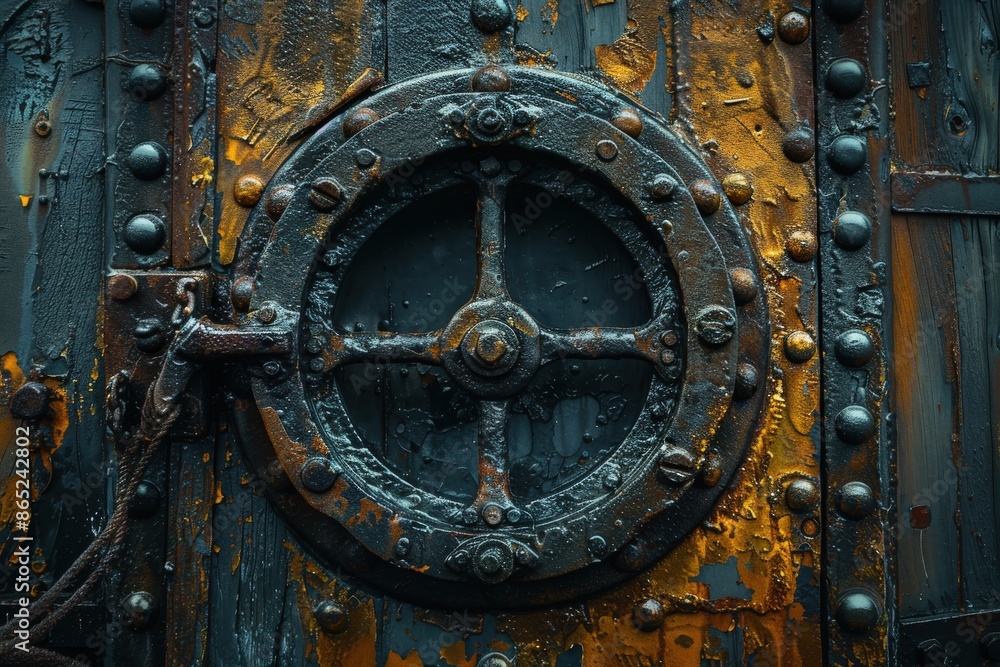 A large, rusty circular metal hatch is securely attached to a weathered wall, showcasing the passage of time and the industrial, historical nature of the object. A large, rusty circular metal hatch is securely attached to a weathered wall, showcasing the passage of time and the industrial, historical nature of the object.