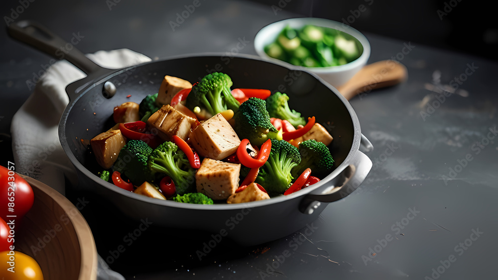 Background featuring a veggie stir-fry with bell peppers, broccoli, snap peas, and tofu in a sizzling pan, with a backdrop of a modern kitchen with fresh ingredients on the counter. Background featuring a veggie stir-fry with bell peppers, broccoli, snap peas, and tofu in a sizzling pan, with a backdrop of a modern kitchen with fresh ingredients on the counter.