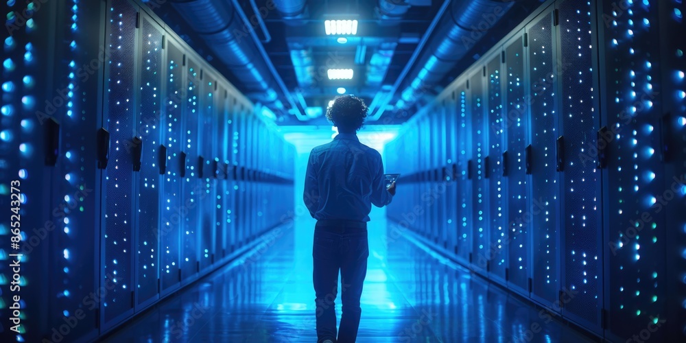 Network Engineer IT technician Monitoring Data in futuristic Server Room, ai Network Engineer IT technician Monitoring Data in futuristic Server Room, ai