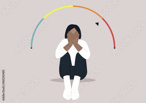 A Spectrum of Emotions, A Moment of Despair, Digital illustration of person sitting on the floor, face in hands, with rainbow scale above symbolizing emotions, They appear sad or distressed