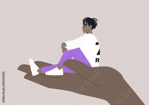 A young character sitting on a hand palm, psychotherapy, help and support, a counseling session