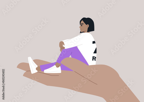 A young character sitting on a hand palm, psychotherapy, help and support, a counseling session