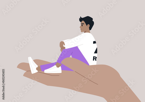 A young character sitting on a hand palm, psychotherapy, help and support, a counseling session