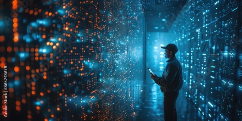 Network Engineer IT technician Monitoring Data in futuristic Server Room, ai © Rachel Yee Laam Lai
