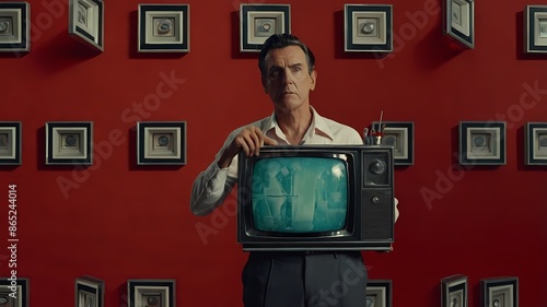 Striking art collage of a man with a retro TV head holding a bottle, set against a vibrant red background, evoking media commentary