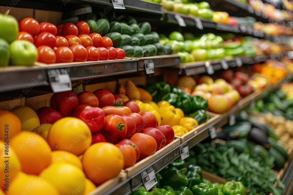 Colorful fruits and vegetables on display at the grocery store, in a food market concept Colorful fruits and vegetables on display at the grocery store, in a food market concept