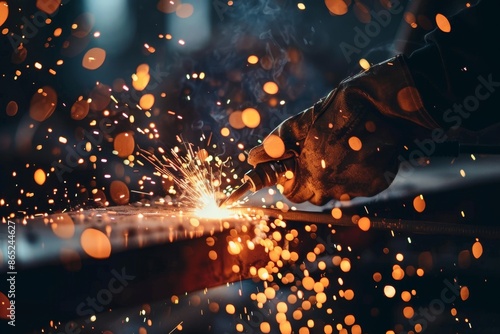 Welder creates sparks with torch while making metal equipment