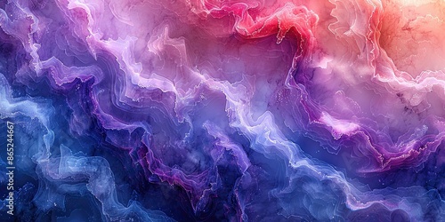 A mesmerizing abstract composition inspired by agate, showcasing undulating layers in shades of purple, blue, and pink with shimmering gold details