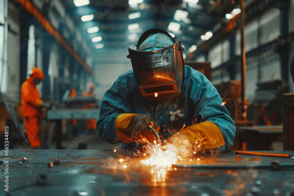 Welder in protective gear welding metal pipe in workshop with coworkers Welder in protective gear welding metal pipe in workshop with coworkers