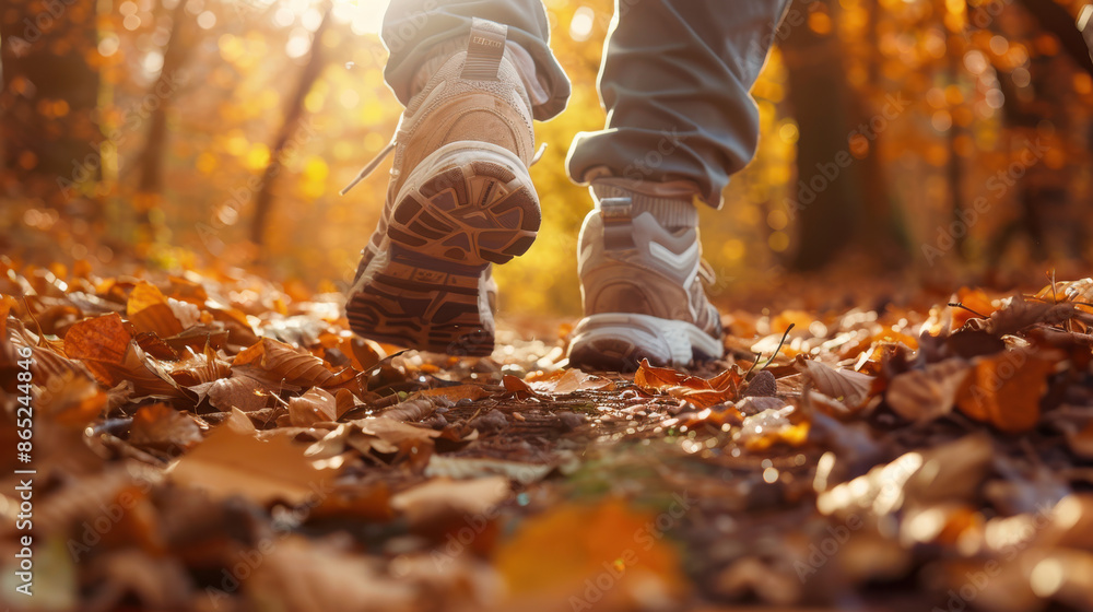 Obraz premium an elderly person's feet in running shoes, stepping on a trail