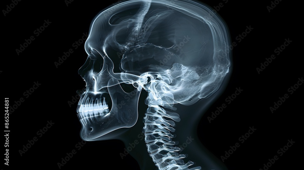 X-Ray of a Human Head: Lateral X-ray view of a human head, showing skull and cervical spine.
X-Ray of a Human Head: Lateral X-ray view of a human head, showing skull and cervical spine.