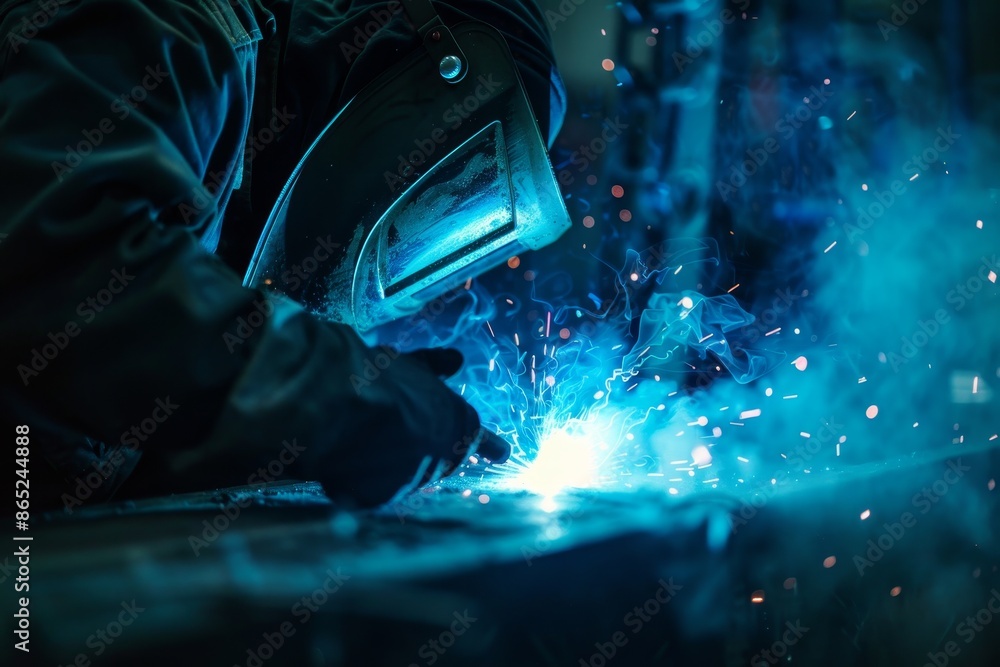 Welder using SMAW for construction in factory Welder using SMAW for construction in factory